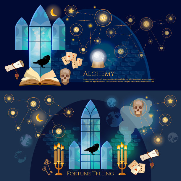 中世纪炼金术实验室的旗帜。打开咒语，骷髅，神秘和深奥之书。算命，水晶球，中世纪城堡巫师。古董关键魔术对象和卷轴炼金术的概念图片下载
