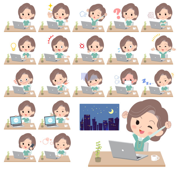 蓝绿色束腰外衣中层妇女-办公桌工作图片下载