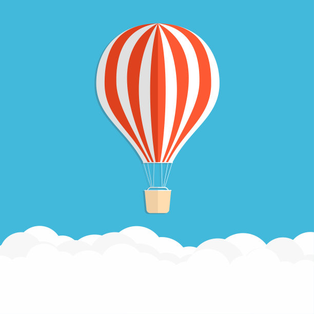 热气球在天空中。红色条纹的气球在云层之上图片下载