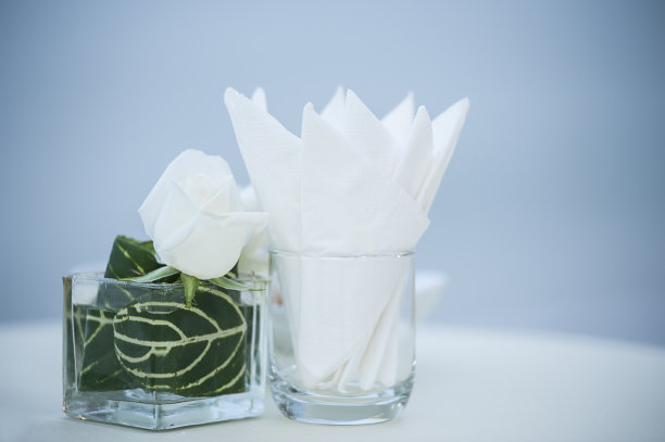 一杯白色的餐巾和白色的玫瑰映衬着蓝色的天空图片下载