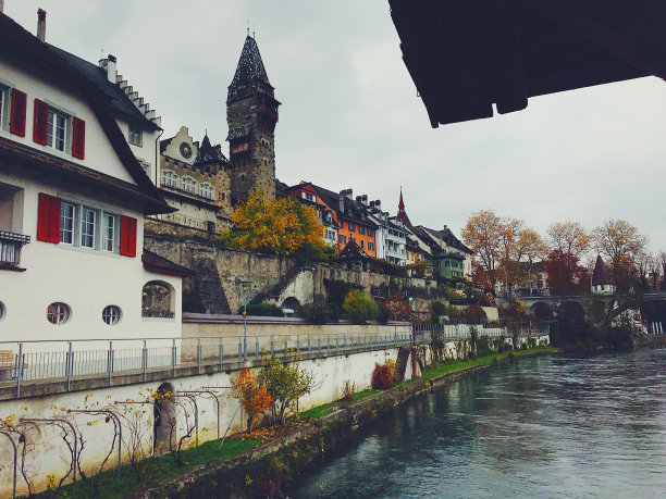 瑞士的城市景观在河流的边缘图片下载