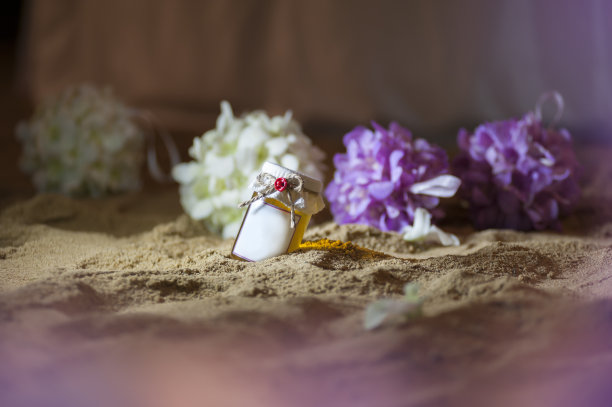 沙子上的蜂蜜罐和紫白色兰花，婚礼派对和SPA的纪念品图片下载