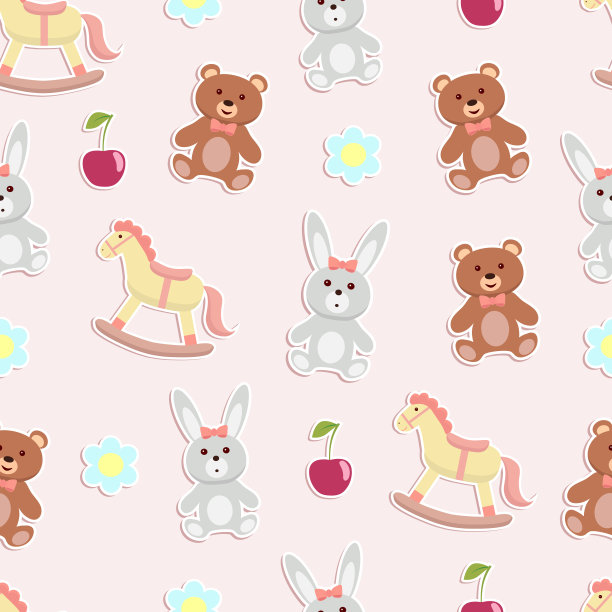 可爱的动物玩具无缝格子背景。素材图片