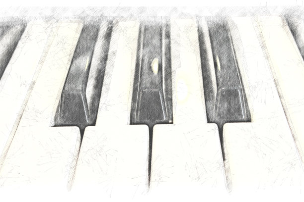 键盘的钢琴前景，水彩画的背景和数字插图笔刷艺术。图片下载