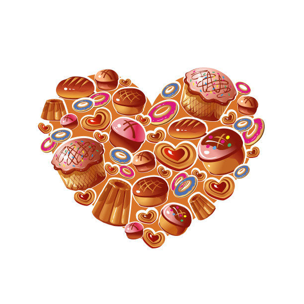 装饰心形矢量创建从各种烹饪和糖果产品(面包，松饼，饼干，蛋糕，姜饼…)图片下载