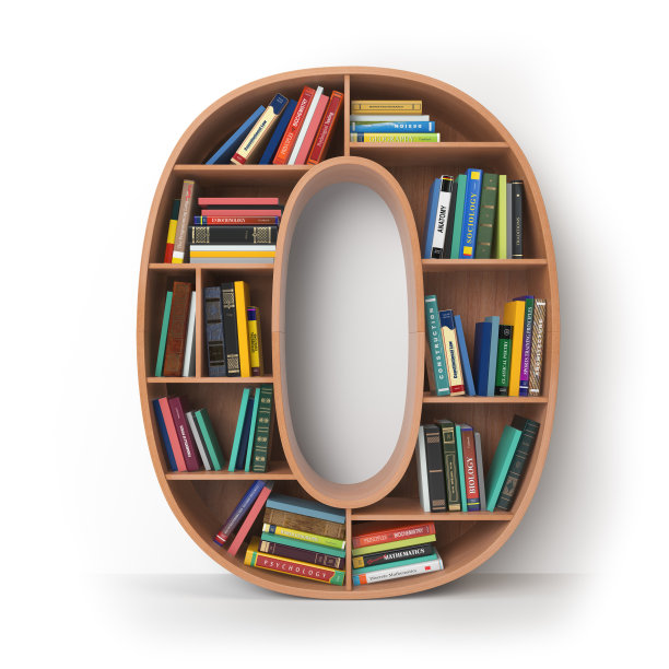 数字0 0在书架的形式与书孤立在白色。图片下载