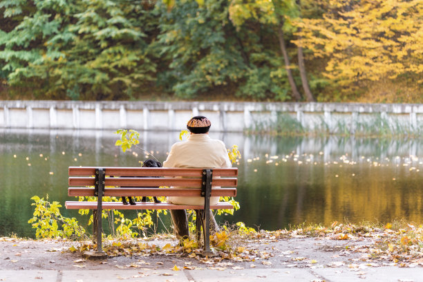 一个孤独的老妇人带着一只小黑狗坐在城市公园秋天的湖边或河边的长椅上。放松。孤独的概念图片下载