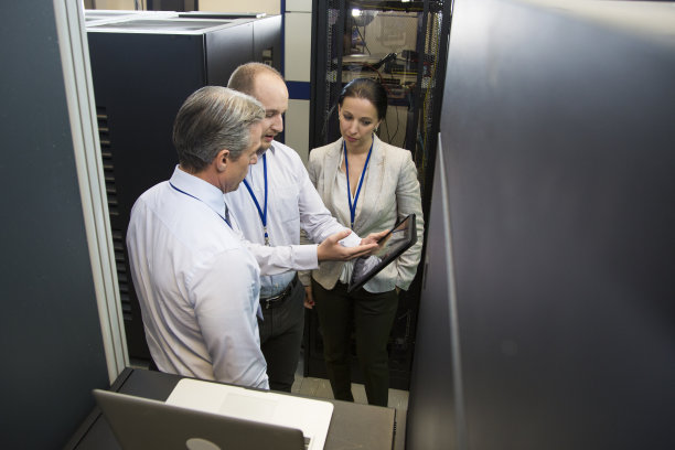 IT专业人员在服务器室开会图片下载