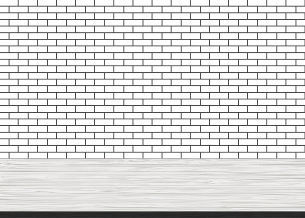 空木桌顶在砖白墙的背景上图片下载