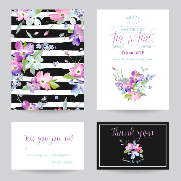 保存日期婚礼邀请模板与春天山茱萸花。浪漫的鲜花贺卡为庆祝。水彩植物设计。矢量图图片下载