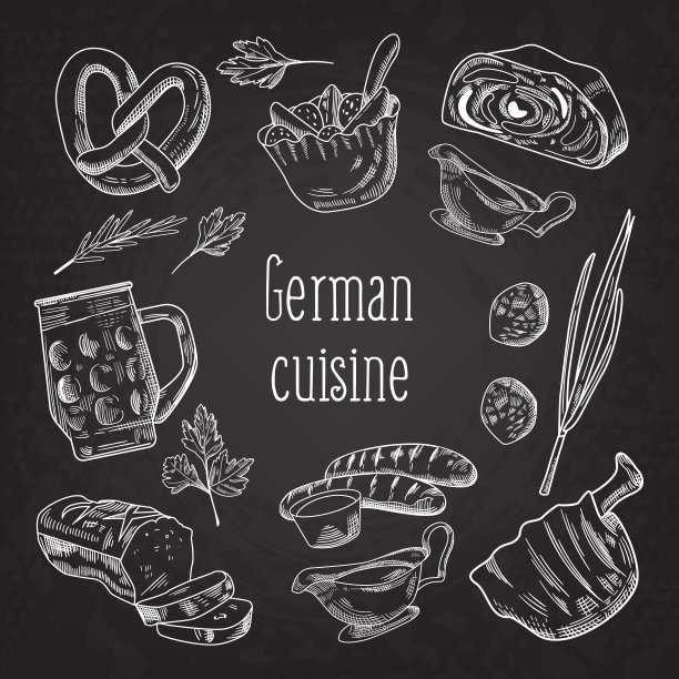 德国传统食物手绘黑板涂鸦。德国菜菜单模板。食品和饮料。矢量图图片下载
