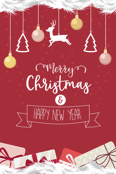 圣诞花环和新年红丝带。装饰的松枝在背景红和雪。向量图片下载