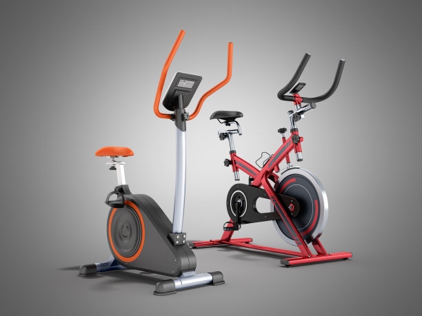 两个现代运动自行车黄紫色3d渲染灰色背景图片下载