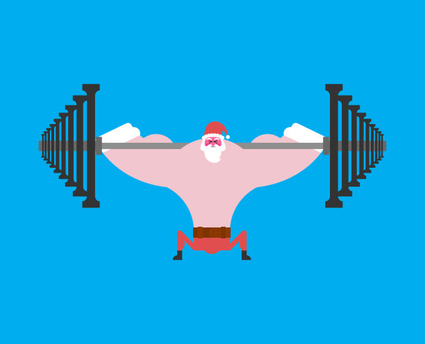 强壮的圣诞老人用杠铃蹲着。圣诞健身。强大的老人。体育新年矢量插图图片下载