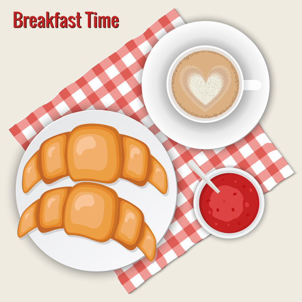 早餐。咖啡、吐司、羊角面包、煎蛋卷、水果、果酱、燕麦片、豆类、培根、卡布奇诺、鸡蛋。图片下载