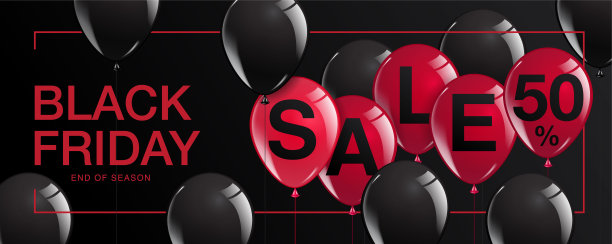黑色星期五促销海报与闪亮的气球在黑色背景与方形框架。矢量插图。图片下载