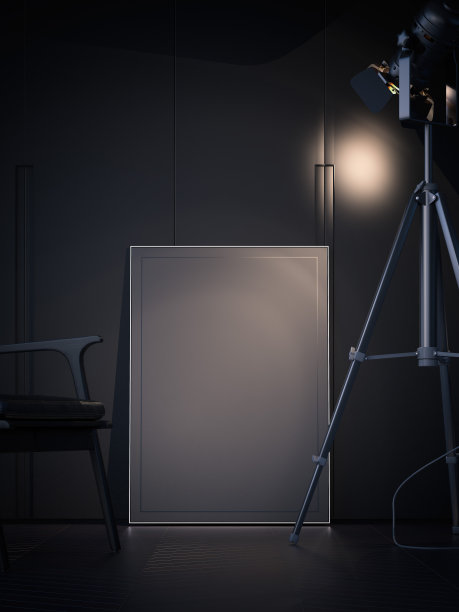 黑暗的室内与空白海报和聚光灯。三维渲染图片下载