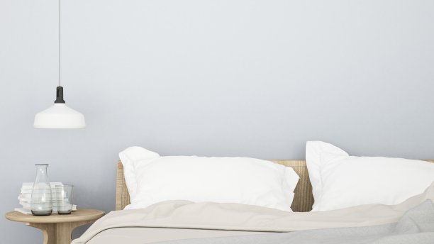 卧室房间室内空间的床角和酒店装饰墙——三维渲染的简约风格图片下载