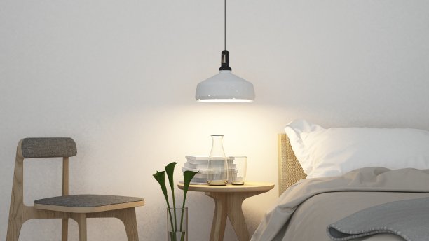 卧室房间室内空间的床角和酒店装饰墙——三维渲染的简约风格图片下载