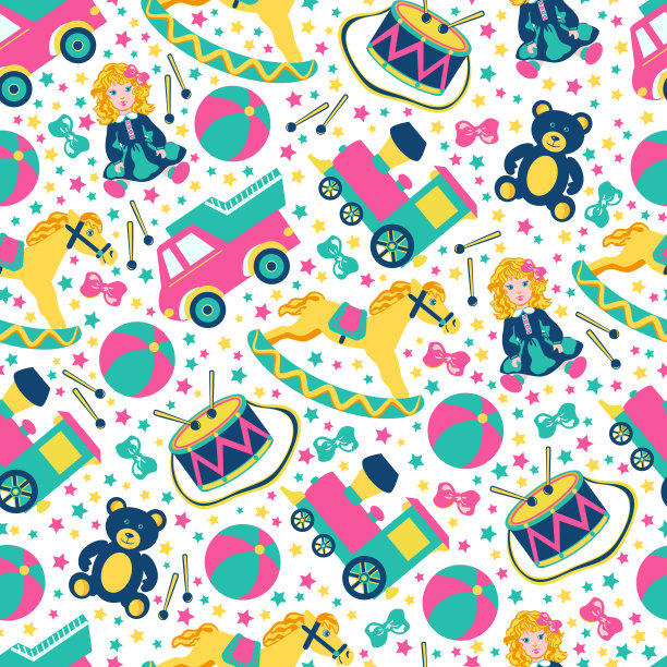 婴儿玩具图纸，汽车，熊，马，球，火车，鼓孤立在白色，矢量插图，无缝图案，字符设计的贺卡，儿童邀请，婴儿淋浴，装饰纺织品素材图片