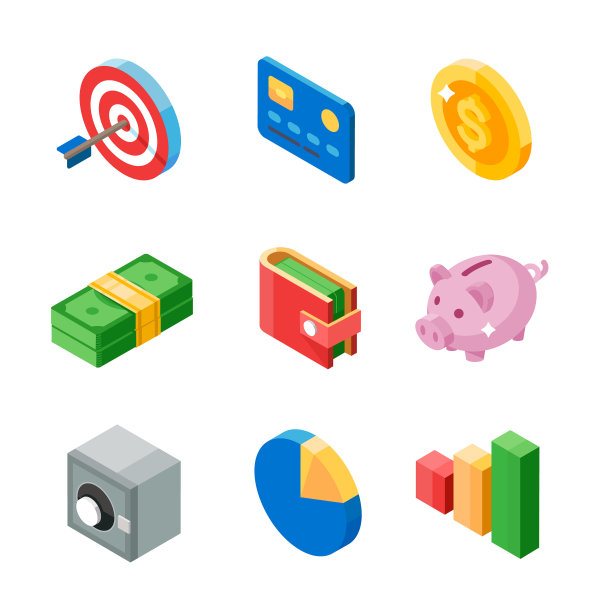 一组业务等距平面图标。目标，卡片，硬币，现金，钱包，猪，保险箱，图表和图表。图片下载