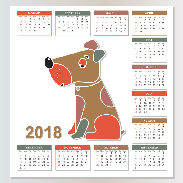 2018黄狗年。从周日到周六的挂历。图片下载