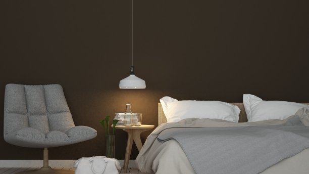 卧室房间室内空间的床角和酒店装饰墙——三维渲染的简约风格图片下载