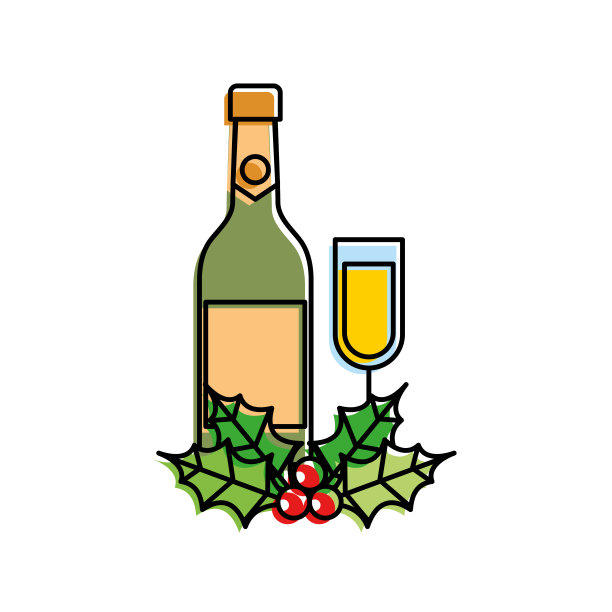 圣诞香槟酒瓶玻璃冬青浆果装饰庆祝图片下载