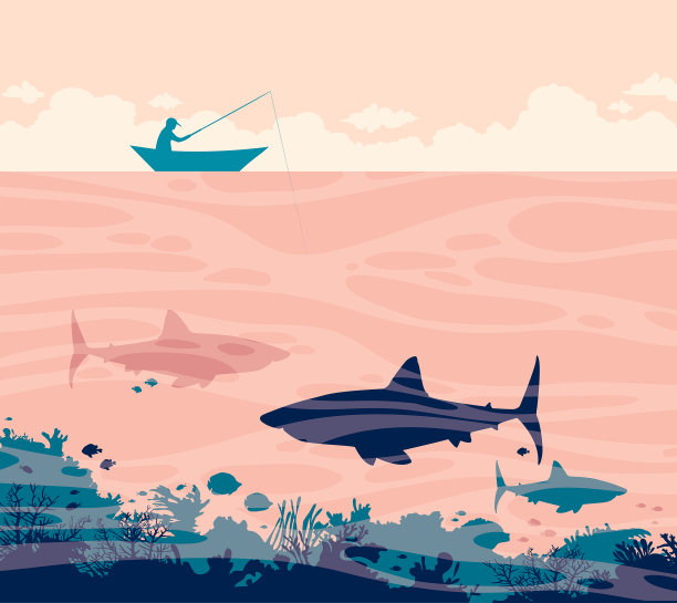 渔夫和鲨鱼。素材图片