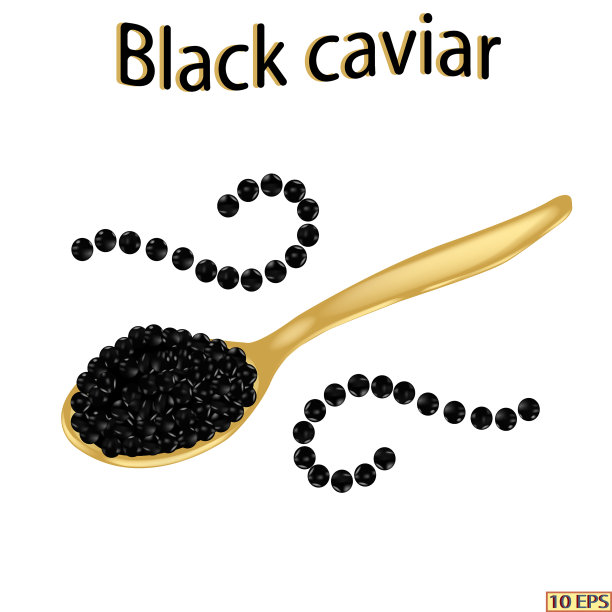 黑鱼子酱。满勺黑色鱼子酱，孤立在白色背景上。鲟鱼鱼子酱特写镜头。向量。图片下载