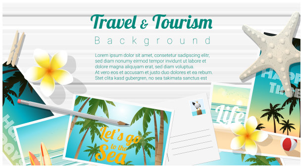 旅游和旅游背景与热带海滩明信片上的木板，矢量，插图图片下载