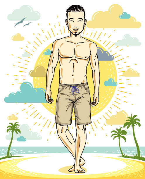 长着胡子的黑发帅哥，热带海滩。向量图片下载