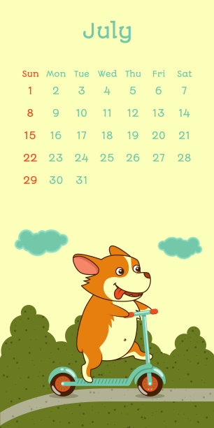 2018年7月日历与威尔士柯基犬图片下载