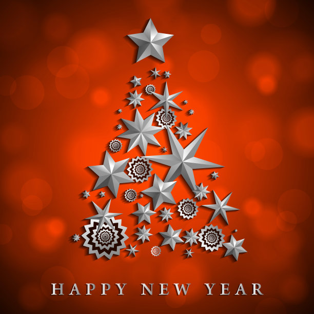 圣诞节和新年抽象与圣诞树由星星和雪花在橙色环境模糊的背景图片下载