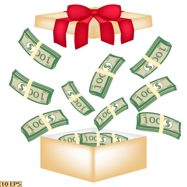 打开装满百元大钞的礼品盒。卡通美元钞票孤立在白色背景。一盒钱。向量。图片下载