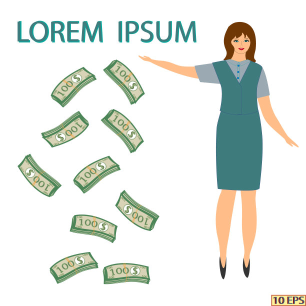 这个女孩谈论生意的成功。一叠一叠的百元大钞。商人和美钞孤立在白色背景上。向量图片下载