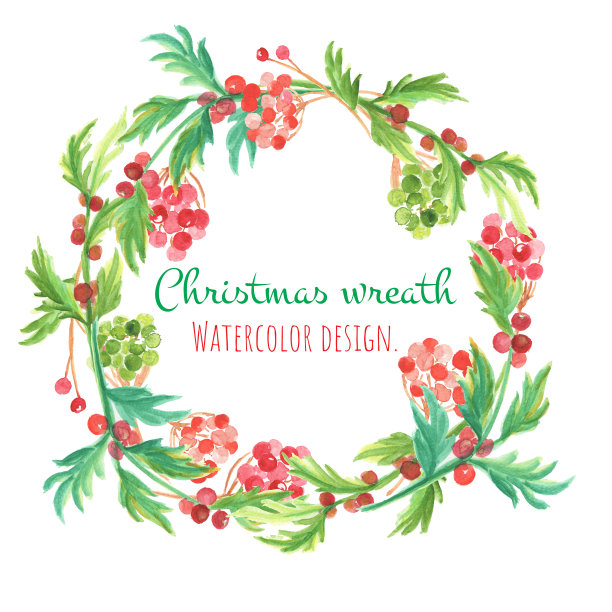圣诞卡和新年贺卡。水彩剪辑艺术是圣诞花环与球树，冬青和树叶。图片是物体，框架和卡片的说明。图片下载
