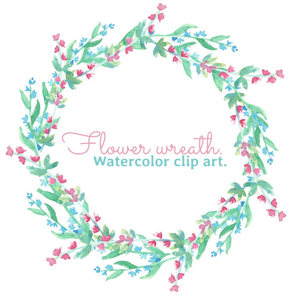 常春藤花环。水彩剪辑艺术与蓝色和粉红色的常春藤花。图片是物体，框架和卡片的说明。图片下载