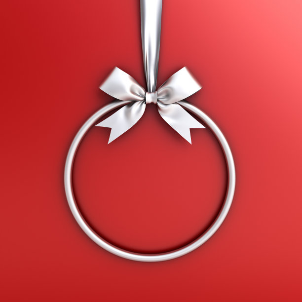 银色的圆框挂着银色的丝带和蝴蝶结，用来装饰圣诞节和其他孤立在红色背景上的活动。三维渲染图片下载