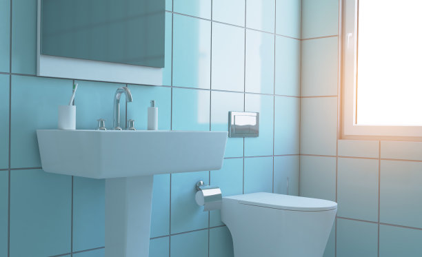 有大窗户的现代浴室。3 d渲染。日落。图片下载