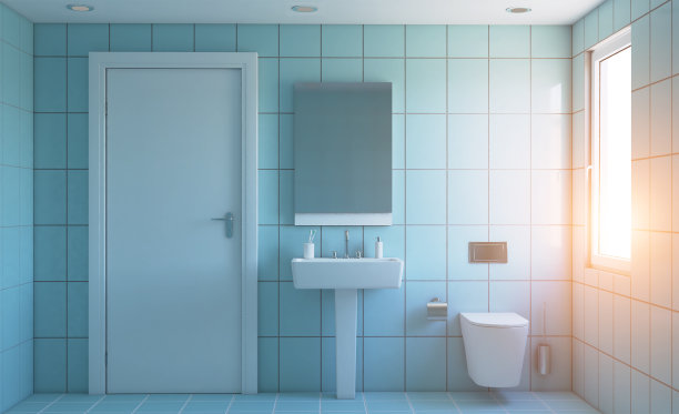 有大窗户的现代浴室。3 d渲染。日落。图片下载