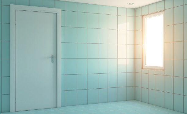 有大窗户的现代浴室。3 d渲染。日落。空的内部。图片下载