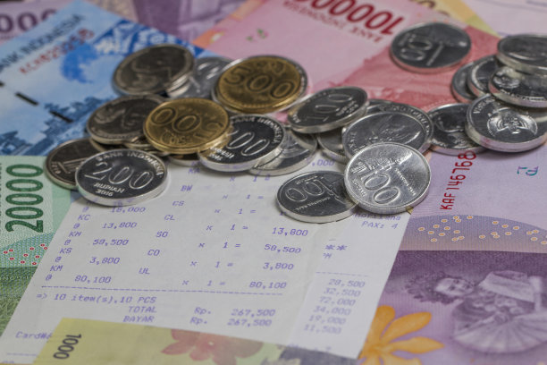 花的钱和支付插图硬币，银行纸币和收据纸图片下载