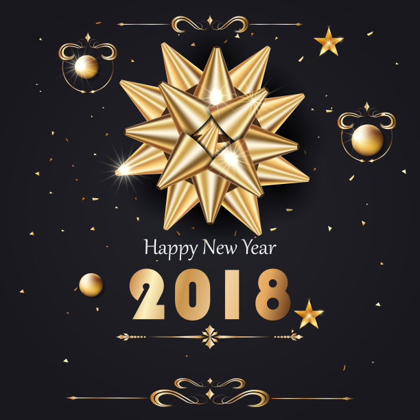 向量卡2018年新年快乐背景与金色礼品弓，复古风格。图片下载