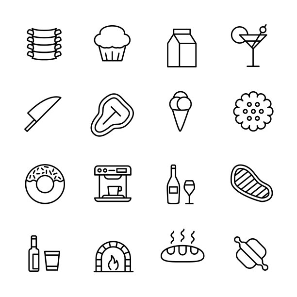 餐厅相关的线条图标的简单集合。图片下载