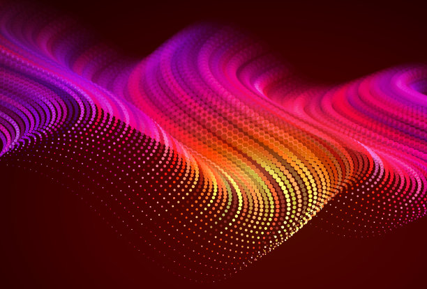 抽象彩色数字景观与流动粒子科技背景。红色、粉色、橙色素材图片