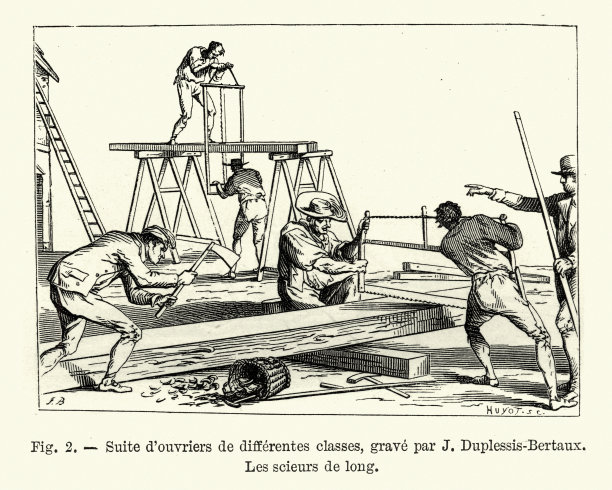 工人在锯木材，法国18世纪末图片下载