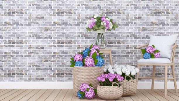 公寓或家庭的生活区和五颜六色的花-餐厅区域的室内设计- 3D渲染图片下载