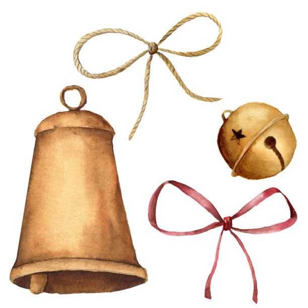 水彩圣诞节铃铛套装。手绘节日装饰，带蝴蝶结，白色背景分离。圣诞剪贴画，用于设计或印刷。图片下载