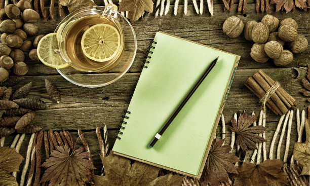 一杯茶，一个笔记本，背景是一棵老树。秋天的静物图片下载